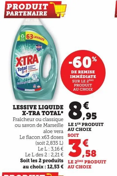 Promo Lessive liquide X-TRA Total 4+1* 63 lavages (2,835 L) chez