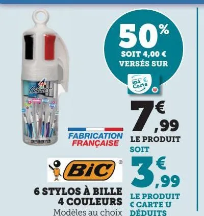 6 stylos a bille 4 couloeurs bic