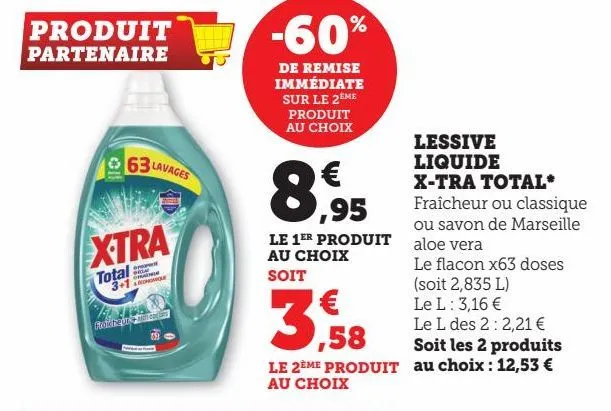 Promo Lessive liquide X-TRA Total 4+1* 63 lavages (2,835 L) chez