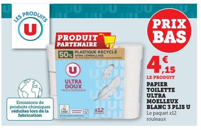 PAPIER TOILETTE ULTRA MOELLEUX BLANC 3 PLIS U