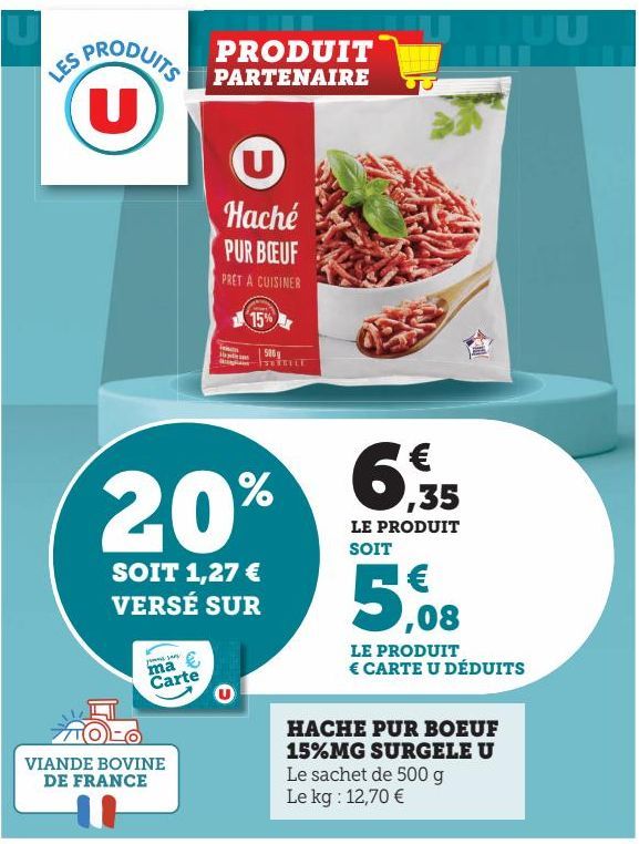 HACHE PUR BOEUF 15% MG SURGELE U