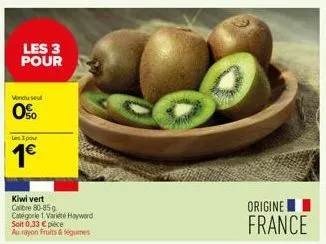 les 3 pour  vendu se  0%  les 3 pour  1€  kiwi vert calibre 80-85 g catégorie 1. variété hayward soit 0,33 € pièce au rayon fruits & ségumes  origine  france 