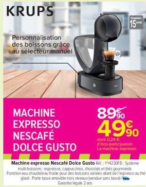 Personnalisation des boissons grâce au sélecteur manuel  MACHINE EXPRESSO  NESCAFÉ  DOLCE GUSTO  Machine expresso Nescafé Dolce Gusto Ret: YY4230FD. Systeme multi-boissons: espressos, cappuccinos, cho