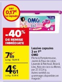 SOIT  0,17€ La capsule  -40%  DE REMISE IMMÉDIATE  7%⁹9  Le kg: 13,44 €  4.61  €  Lekg: 8.06 €  OMO 3EN1  Lessive capsules 3 en 1⁰  OMO  Pêche & Pamplemousse. Jasmin & Fleur de coton Lavande & Patchou