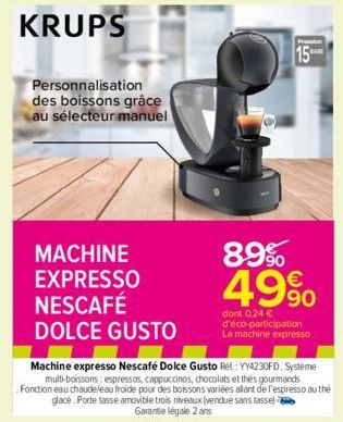 Personnalisation des boissons grâce au sélecteur manuel  MACHINE EXPRESSO  NESCAFÉ  DOLCE GUSTO  Machine expresso Nescafé Dolce Gusto Ref: YY4230FD. Système multi-boissons: espressos, cappuccinos, cho