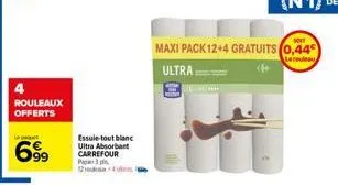 rouleaux offerts  e  699  essuie-tout blanc ultra absorbant carrefour pro3 pl onde  lee  soit  maxi pack 12+4 gratuits (0,44  ultra 