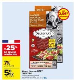 -25%  DE REMISE IMMEDIATE  7% Lang: 16.43€  592  MAGRET  MAGRET DE CANARD DU SUD-OUEST FUME  Tandre & Bist  ARISON  DELPEYRAT  ELEVENS ENGAGE  Magret de canard IGP DELPEYRAT  Fund outume aspi  Espelet