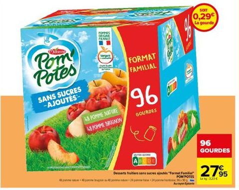 Materns  Pom Potes  SANS SUCRES -AJOUTÉS  POMMES ORIGIN FRANCE  werger's  48 POMME NATURE 48 POMME BRUGNON  FORMAT FAMILIAL  MITRI-SCORE  96  GOURDES  Desserts fruitiers sans sucres ajoutés "Format Fa