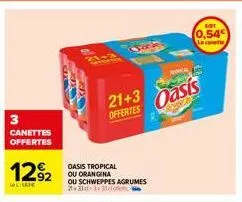 3  canettes offertes  1292  glukk  21+3 offertes  oasis tropical ou orangina  ou schweppes agrumes 2330 333 colets  mical  oasis  sot  0,54€ la canette 