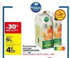 -30%  sur le 2  vend  6%  lisie produ  4293  produits  carr  purjus d'orange sans pulpe  carrefour extra  4x  soit les produits: 10,27 €-seite: 120€  som  1,28€  labrique 