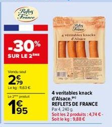 Reflets France  -30%  SUR LE 2EME  Vendu sou  299  Lekg: 11,63 € Le 2 produ  195  €  Poba  4 véritables knacks d'Alsace  4 veritables knack d'Alsace. REFLETS DE FRANCE Par 4, 240 g  Soit les 2 produit