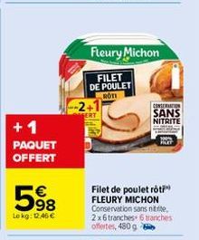 +1  PAQUET OFFERT  5⁹8  Lekg: 12,46 €  Fleury Michon  FILET DE POULET ROTI  CONSERVATION  SANS  NITRITE  Filet de poulet rôti FLEURY MICHON Conservation sans nitite. 2x6 tranches 6 tranches offertes, 