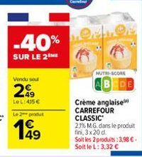 -40%  SUR LE 2 ME  Vendu sel  299  Le L: 415 €  Le 2 produt €  199  TORTOR  NUTRI-SCORE  BEDE  Crème anglaise CARREFOUR CLASSIC  2,1% M.G. dans le produit fini, 3x20 d. Soit les 2 produits:3,98 €-Soit