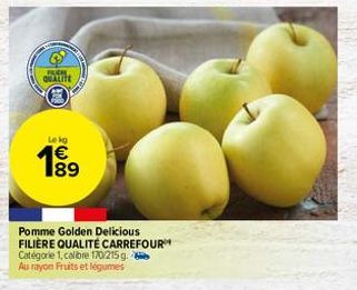 SPURN  QUALITE  Lekg  003  Pomme Golden Delicious  FILIÈRE QUALITÉ CARREFOUR  Catégorie 1, calibre 170/215 g.  Au rayon Fruits et légumes 
