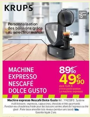 personnalisation des boissons grâce au sélecteur manuel  machine expresso  nescafé dolce gusto  machine expresso nescafé dolce gusto ret: yy4230fd. système mult-boissons: espressos, cappuccinos, choco