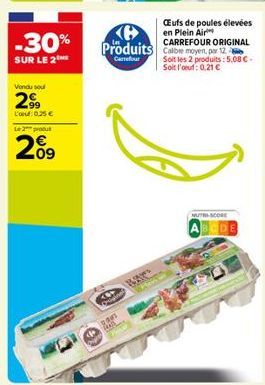 -30%  SUR LE 2  Vendu soul  2⁹9  L'au: 0,25 €  Le produ  20⁹  201  PRA  Produits 12.  Carrefour  CEufs de poules élevées en Plein Air CARREFOUR ORIGINAL  BAT PAR  Soit les 2 produits: 5,08 €-Soit l'au