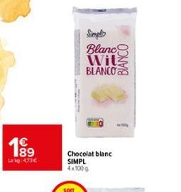 19⁹9  1€  83  Le kg 473€  Simple  Blanc  Wit BLANCO  Chocolat blanc  SIMPL 4x100g 