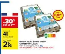 -30%  sur le 2  vend  4  02  293  cuts de poules élevées au sol carrefour classic  dourde pe par 20  set les 2 produits: 712c-s018  sot  0,18€ 