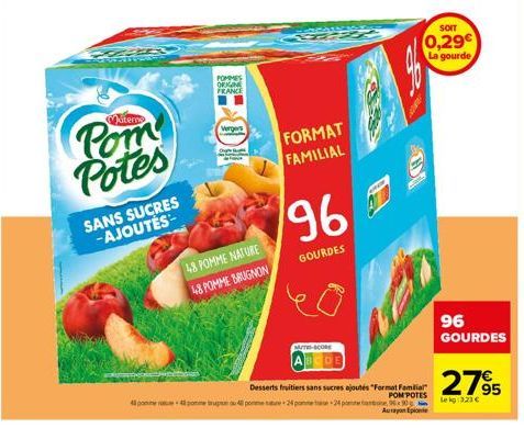 Materns  Pom Potes  SANS SUCRES -AJOUTÉS  POMMES ORIGIN FRANCE  werger's  48 POMME NATURE 48 POMME BRUGNON  FORMAT FAMILIAL  MITRI-SCORE  96  GOURDES  Desserts fruitiers sans sucres ajoutés "Format Fa