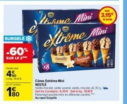 SURGELE  -60%  SUR LE 2  4%  Lag: MAJ  Le po  10  Lensere Mini  Xtreme Mini  Vanille  Chocolat  Cônes Extreme Mini NESTLE  Vanite chocolat, vanile caramel, vene, choco, 32 g Seit les 2 produits 6.30€-