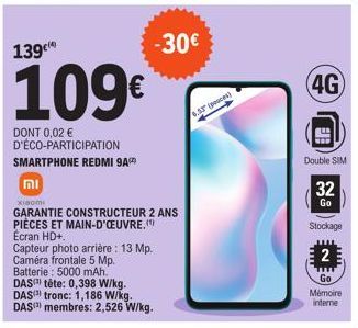 139€  109€  DONT 0,02 € D'ÉCO-PARTICIPATION SMARTPHONE REDMI 9A  -30€  mi  xiaomi  GARANTIE CONSTRUCTEUR 2 ANS PIÈCES ET MAIN-D'ŒUVRE."")  Écran HD+.  Capteur photo arrière : 13 Mp. Caméra frontale 5 