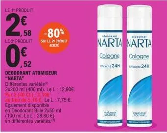 le 1 produit  20  0€/2  52  1,58 -80%  le 2" produit sur le 20 produit achete  deodorant atomiseur "narta"  différentes variétés  (100 ml. le l: 28,80 €)  en différentes variétés  2x200 ml (400 ml). l