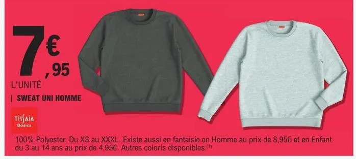 € ,95  l'unité  | sweat uni homme  tissaia  basics  