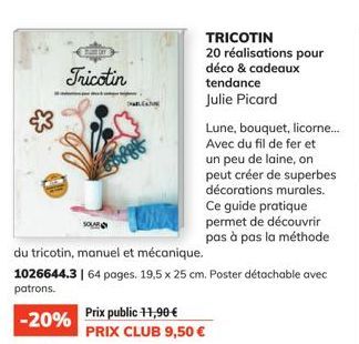 STATUT  Tricotin  LEAN  du tricotin, manuel et mécanique.  1026644.3 | 64 pages. 19,5 x 25 cm. Poster détachable avec patrons.  -20%  TRICOTIN  20 réalisations pour déco & cadeaux tendance  Julie Pica