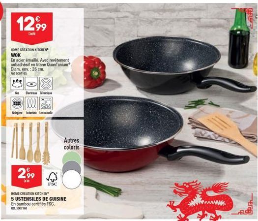 12,99  Cat  HOME CREATION KITCHEN WOK  En acier émaillé. Avec revêtement antiadhésif en titane QuanTanium Diam, env.: 26 cm. RM5007165  Elect Gamiq  |lll|  Nelogine duction L  Cat  2,99  Let  FSC  HOM