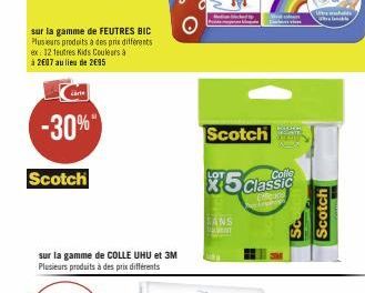 cart  sur la gamme de FEUTRES BIC Plusieurs produits à des prix différents ex: 12 feutres Kids Couleurs à à 2E07 au lieu de 2€95  -30%"  Scotch  sur la gamme de COLLE UHU et 3M Plusieurs produits à de