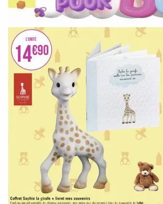 l'unité  14€90  sophie  coffret sophie la girafe + livret mes souvenirs  cadeau incontournable de chaque naissance accompagnée du premier live de souvenirs de bébé.  scher les gerufe  prors  od 