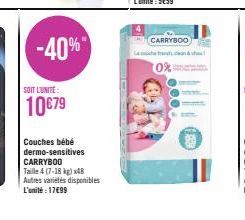 SOIT L'UNITÉ:  10€79  -40%  Couches bébé dermo-sensitives CARRYBOO  Taille 4 (7-18 kg) x48 Autres variétés disponibles  L'unité : 17€99  CARRYBOO  0% 