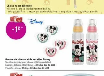 -1€ -  chaise haute évolutive  de 6 mois à 3 ans ou un poids maximum de 15 k  la chase haute 2 en 1 passe d'une position chaise haute a une position hausseur, tablette amovible  disney  gamme de biber