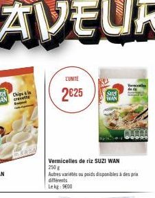 L'UNITE  2€25  Vermicelles de riz SUZI WAN 250 g  Autres variétés ou poids disponibles à des prix  différents  Lekg: 9600  SU WAN 