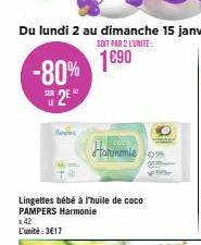 -80%  2E  LE  Hammie  Lingettes bébé à l'huile de coco PAMPERS Harmonie x 42 L'unité:3€17  @ 