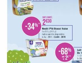 -34%  SOIT L'UNITE:  2630  Nestlé P'tit Brassée fraise  8x100g (800)  Autres varetes disponibles Lk 288-L'unité:3€49  N  Peit Braise  -68% 2⁰ 