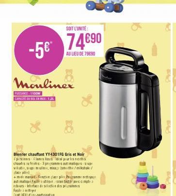 -5€  Mouliner.  PUISSANCE 1100W  CAPACITÉ OU BOL EN INOX 1.21  Blender chauffant YY4301FG Gris et Noir 4 personnes 4 lames lisses Ideal pour les roths chaudes u frides-3 programmes automatiques supe v