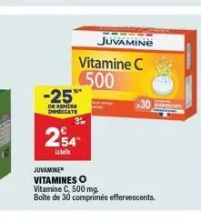 juvamine vitamine c 500 -25**  de remise immediate  254  la  bo  juvamine vitamines  vitamine c, 500 mg.  boîte de 30 comprimés effervescents. 