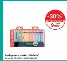 stabilo  10 stabo boss orgnal  surligneurs pastel "stabilo"  le set de 10, coloris pastel assortis  -30%  immediatement  9€09  