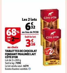TABLETTES DE CHOCOLAT FONDANT PRALINÉE LAIT CÔTE D'OR