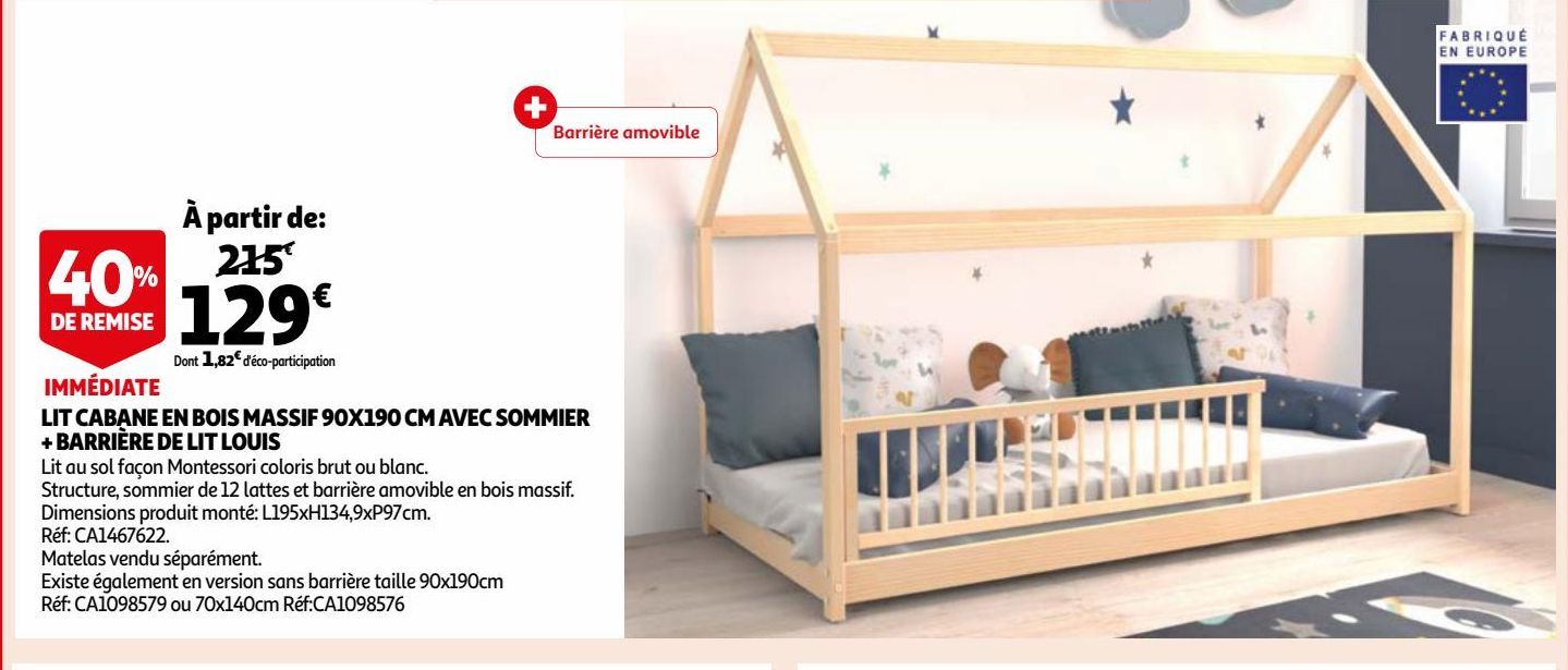 LIT CABANE EN BOIS MASSIF 90X190 CM AVEC SOMMIER + BARRIÈRE DE LIT LOUIS