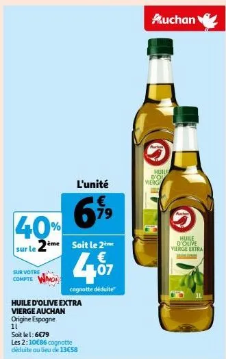 40%  sur le 2  sur votre compte  ème  l'unité  6%9  huile d'olive extra  vierge auchan origine espagne  11  soit le 2ème €  407  cagnotte déduite  soit le l: 6€79  les 2:10€86 cagnotte déduite au lieu