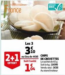 Transformeesen  France  2+1  OFFERT  Les 3  3.10  au lieu de 4€65  Soit l'unité  1%  asc  www  CHIPS  DE CREVETTES Le sachet de 65 g Soit le kg: 15€90 Vendu seul:1€55 Au stand traiteur 