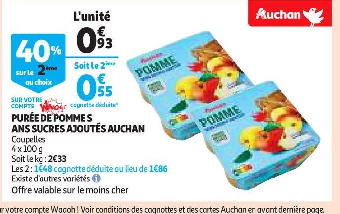 PURÉE DE POMME S ANS SUCRES AJOUTÉS AUCHAN 