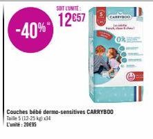 -40%  SOIT L'UNITE:  12€57  CARRYBOO  Couches bébé dermo-sensitives CARRYBOO Taille 5 (12-25 kg) x34  L'unité: 20€95 