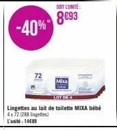 -40%  72  soit l'unité:  8€93  mixa  lingettes au lait de toilette mixa bébé 4x72 (288 lingettes) l'unité : 14€89 