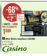 -68%  CASNITIES  L'UNITÉ : 1€55  PAR 2 JE CAGNOTTE:  1605  Casino  16  Cosino  Max  Blinis  moeleux  B Mini Blinis moelleux CASINO  x 16 (135)  Le kg: 11€48  Casino 
