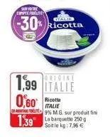 sur votre compte polite  -30% ricotta  1,99 italie 0,60  italie 9% m.g. sur produit fini  139 250  soit le kg: 7,96 € 