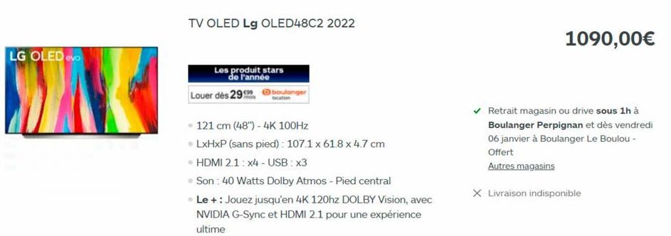 LG OLED evo  TV OLED Lg OLED48C2 2022  Les produit stars de l'année  Louer dès 29  boulanger  121 cm (48") - 4K 100Hz  • LxHxP (sans pied): 107.1 x 61.8 x 4.7 cm  • HDMI 2.1: x4 - USB:x3  • Son : 40 W