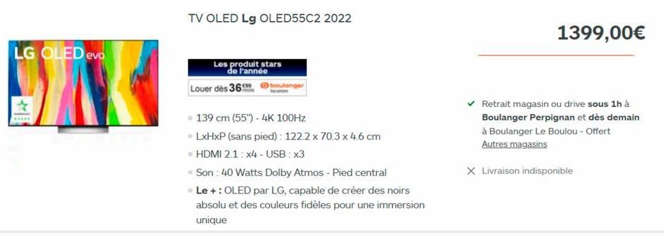 LG OLED evo  TV OLED Lg OLED55C2 2022  Les produit stars de l'année  Louer des 36  boulanger  • 139 cm (55") - 4K 100Hz  • LxHxP (sans pied): 122.2 x 70.3 x 4.6 cm  • HDMI 2.1: x4 - USB: x3  • Son : 4